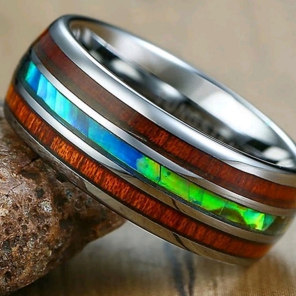 Fire Opal Design Koa Promise Engagement Wedding Ring - Picture 3 of 12
